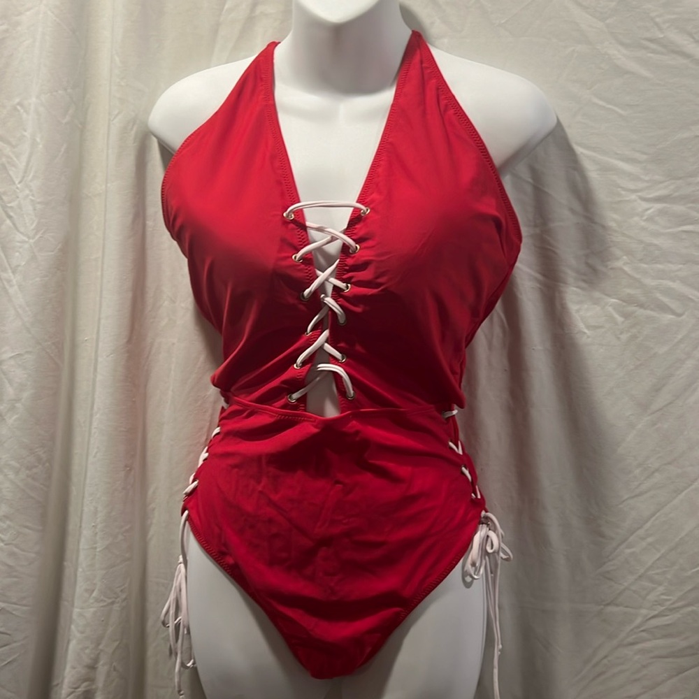 Fashion Nova Red Lace-Up Halter One Piece Swimsuit